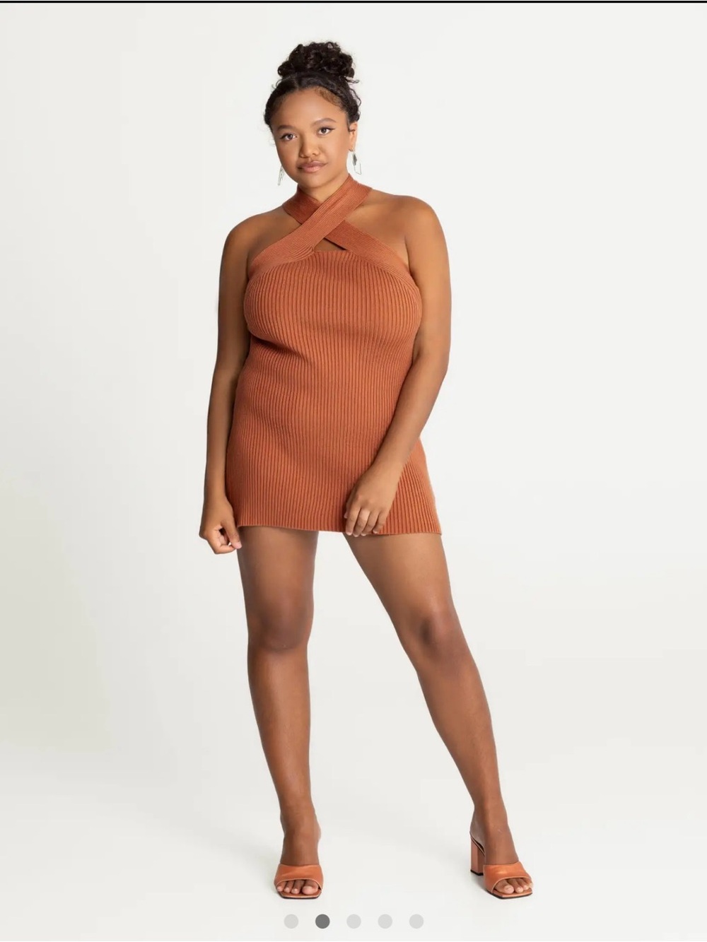 Cider Ribbed Cross-Neck Mini Dress in Rust